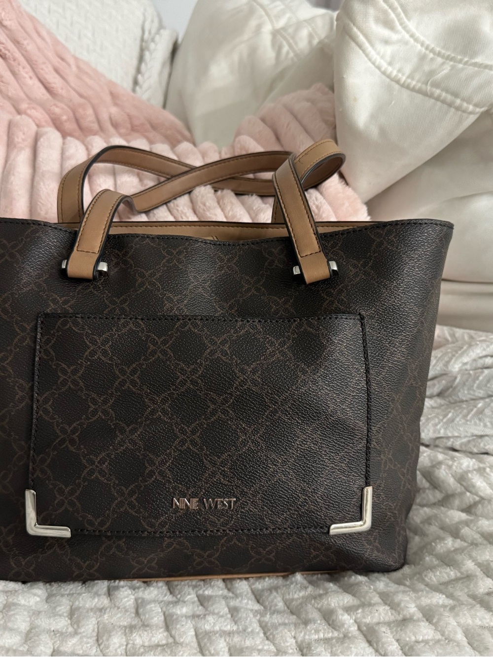 Nine West Dark Brown Logo-Print Tote with Tan Handles